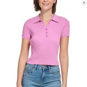 NWT -Calvin Klein Women's Ribbed Quarter-Button Polo Shirt in Hot Pink (Small)